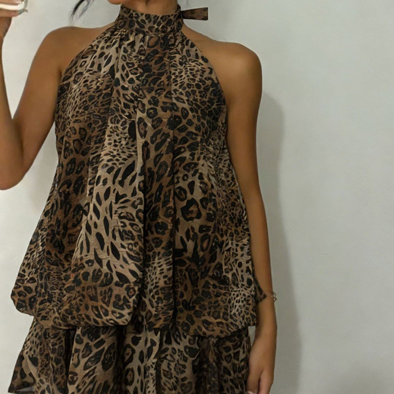 Backless halter-neck layered ruffle dress