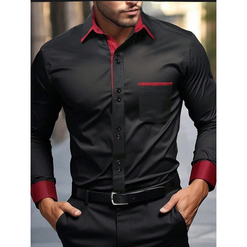 Men's Fashion Color Block Business Lapel Long-Sleeve Shirt