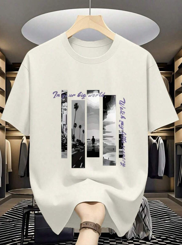Men's Cotton Short Sleeve T-Shirt Vintage Scenery Graphic Crew Neck Casual Tee