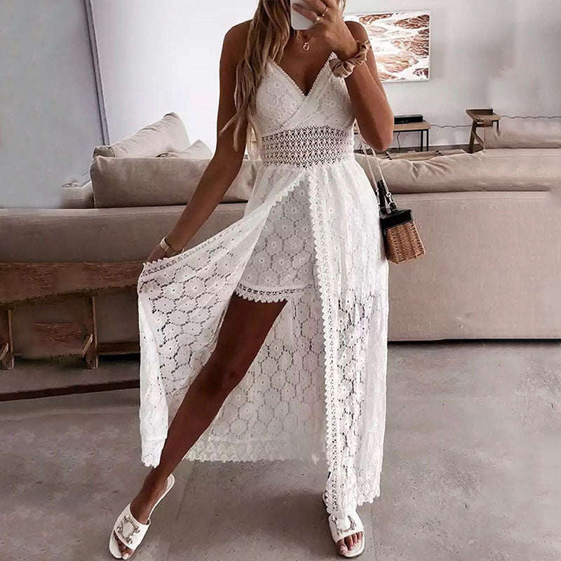 Overlapping V-neck front slit lace dress