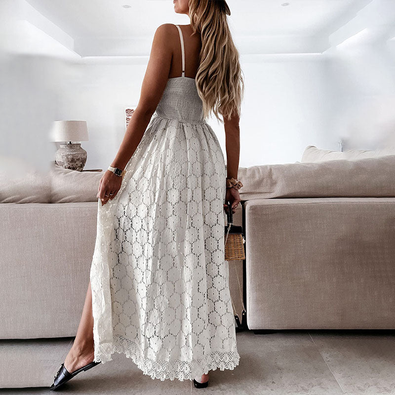 Overlapping V-neck front slit lace dress