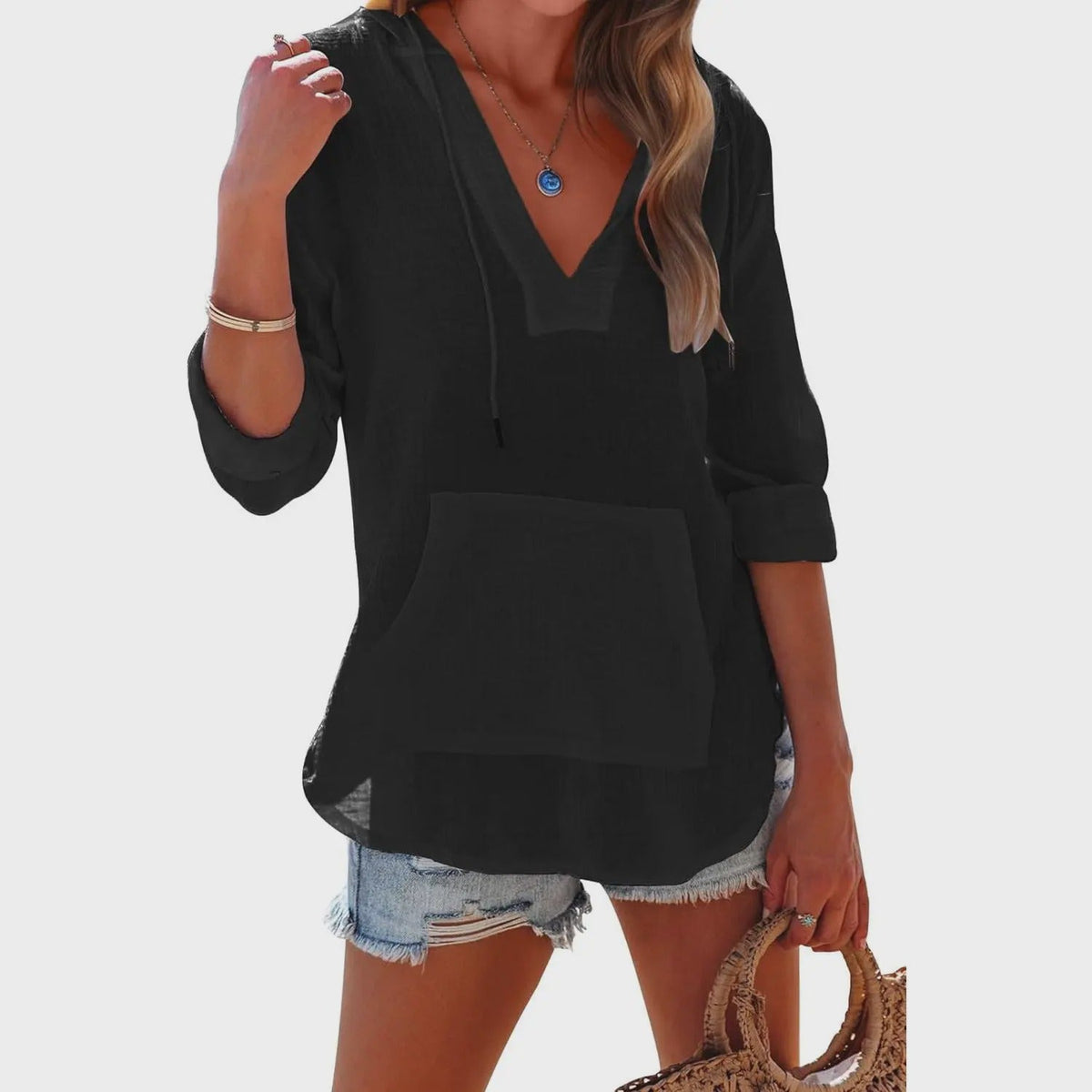 Beach Long-Sleeve V-Neck Hooded Shirt
