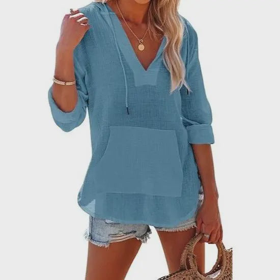 Beach Long-Sleeve V-Neck Hooded Shirt