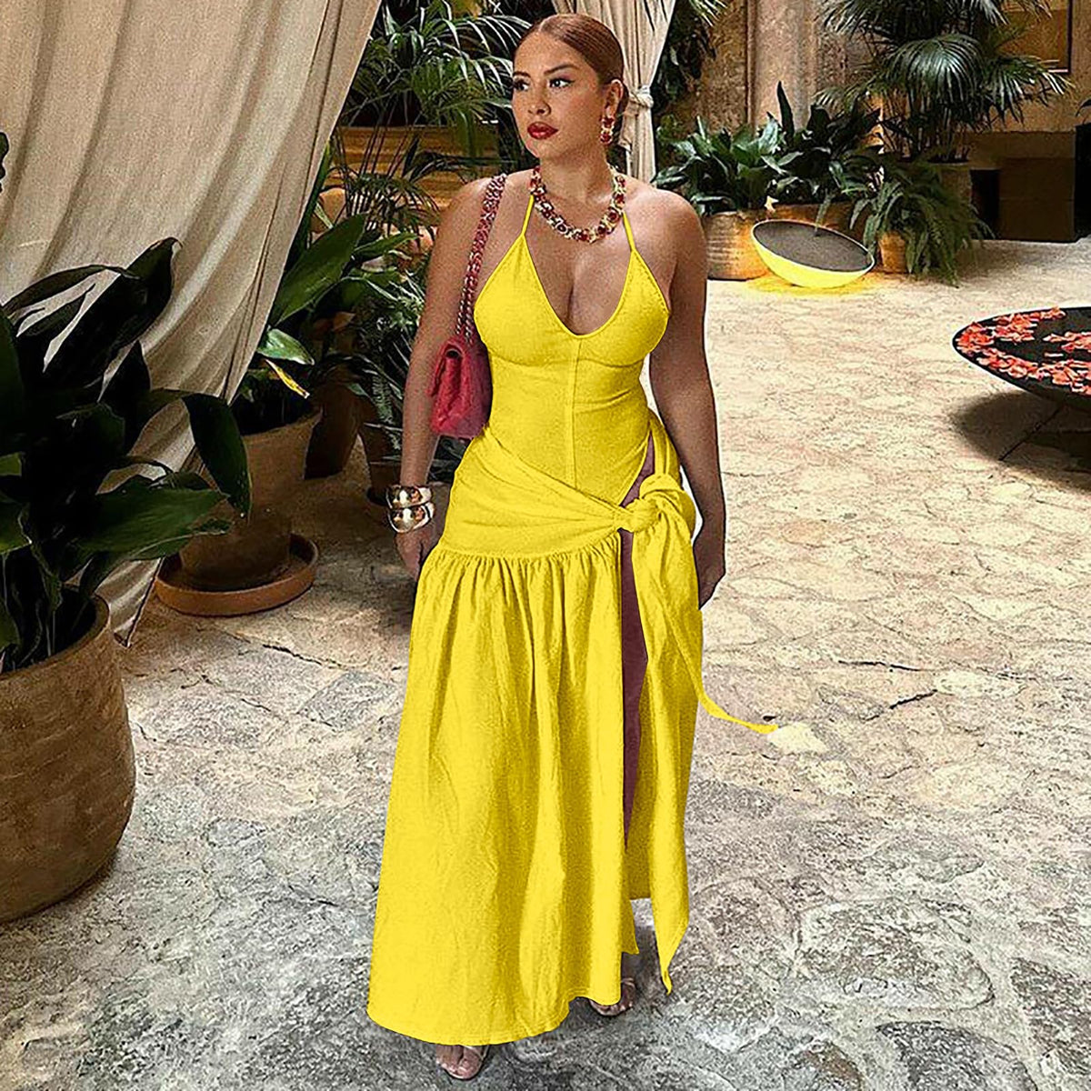 Backless Halter Bodysuit  High Slit Tie Waist Maxi Skirt Set