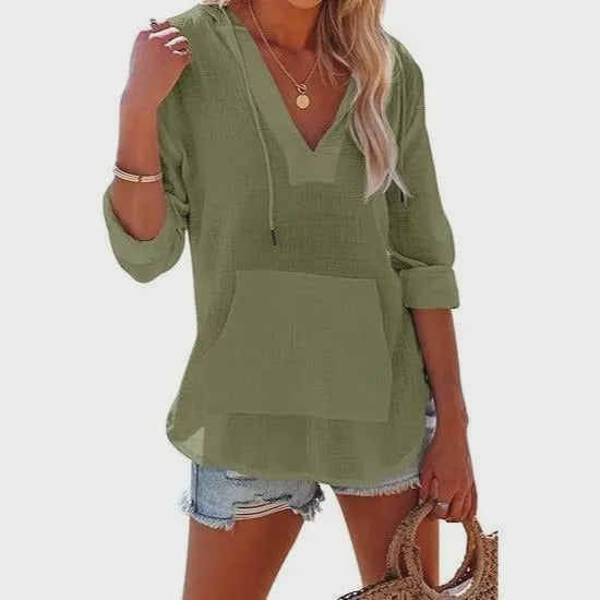 Beach Long-Sleeve V-Neck Hooded Shirt