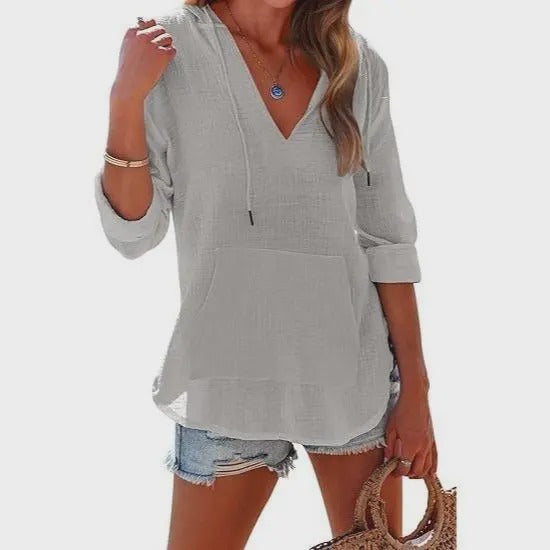 Beach Long-Sleeve V-Neck Hooded Shirt
