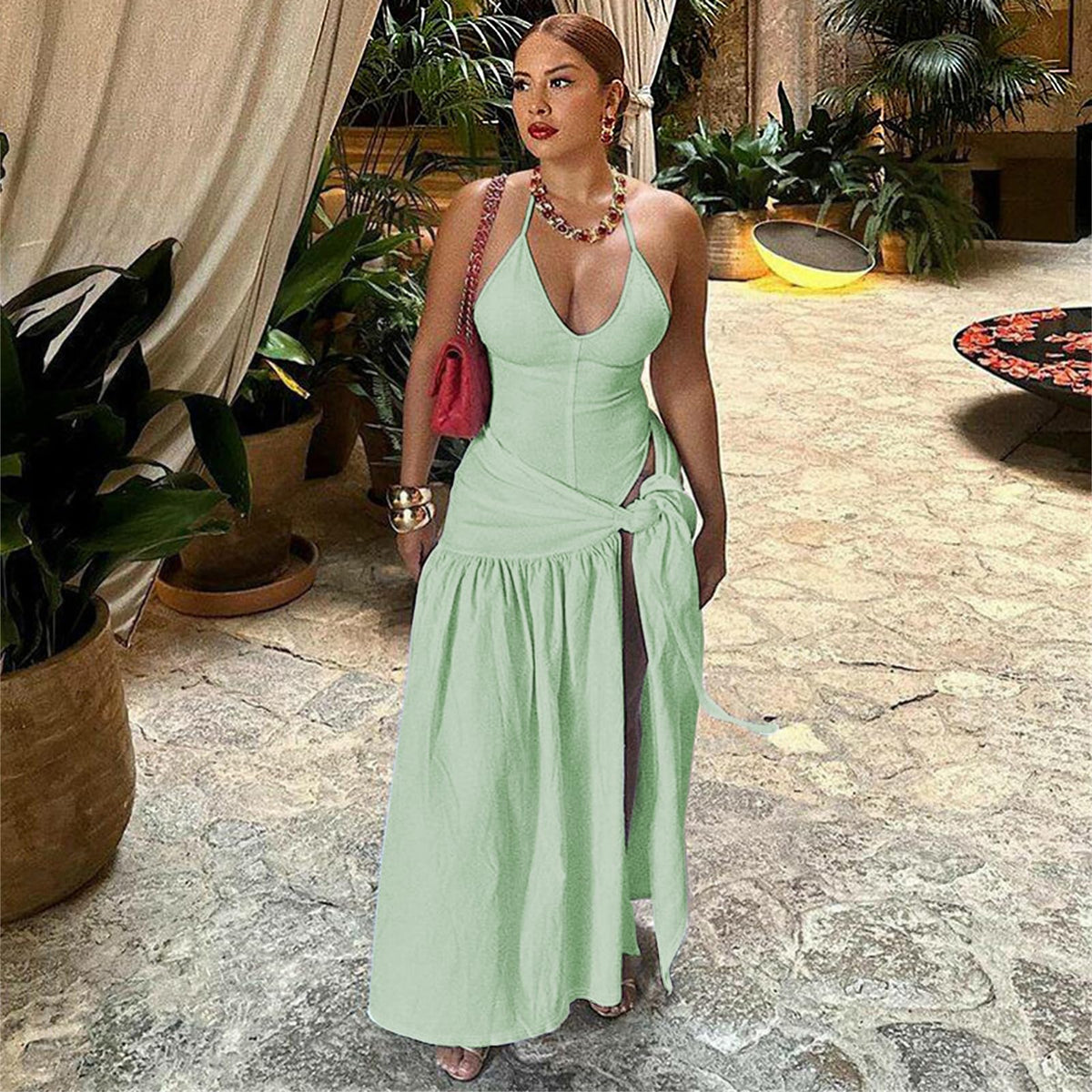Backless Halter Bodysuit  High Slit Tie Waist Maxi Skirt Set