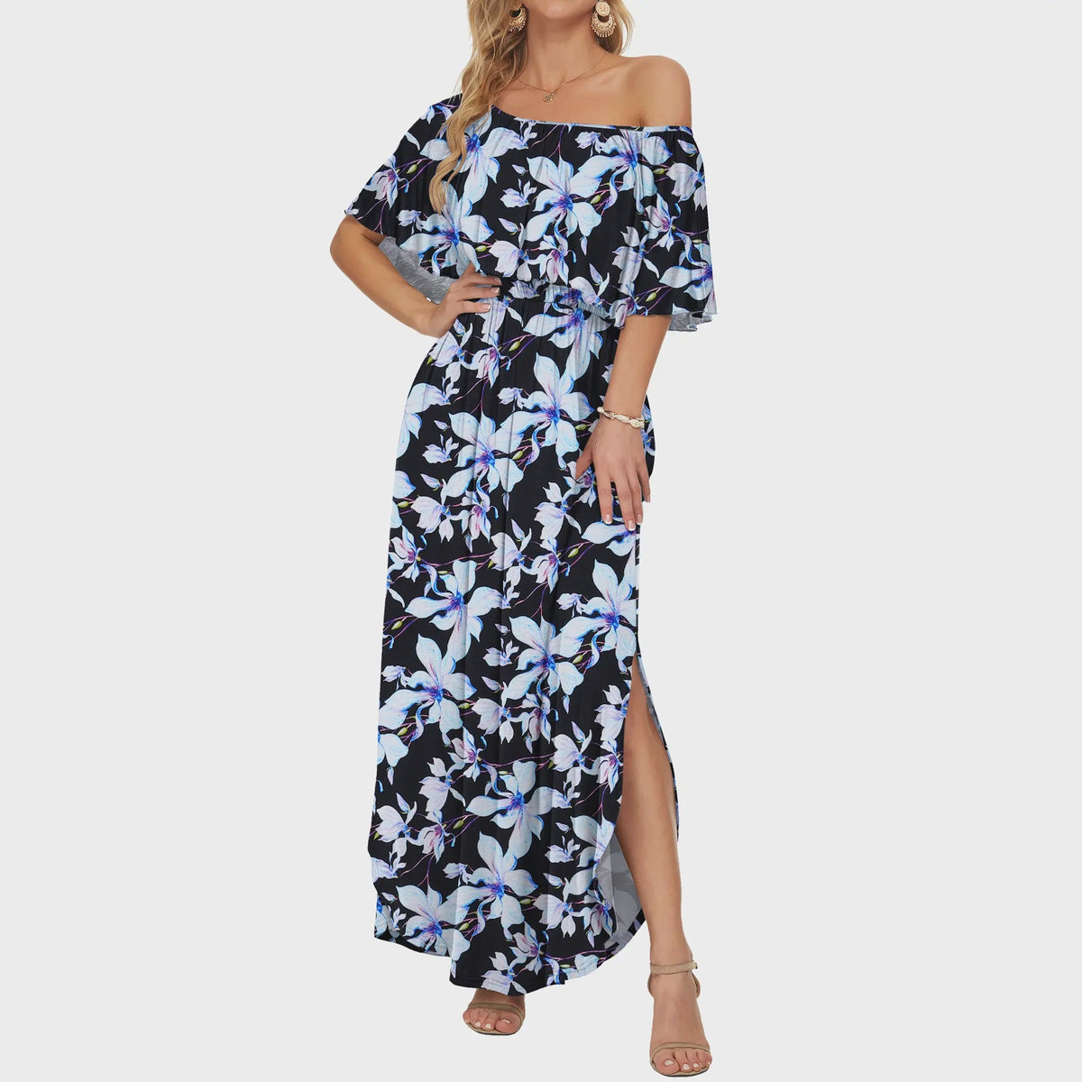 Off the shoulder side slit long dress