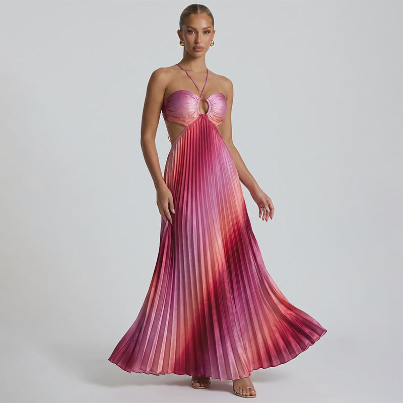 Ombré pleated halter maxi dress