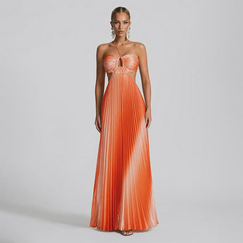 Ombré pleated halter maxi dress