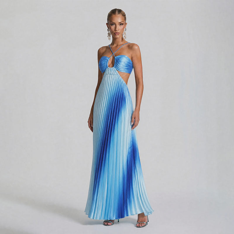 Ombré pleated halter maxi dress