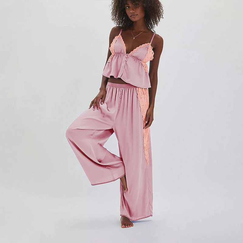 Lace-Trimmed Spaghetti Strap Camisole and Wide-Leg Pants Loungewear Set