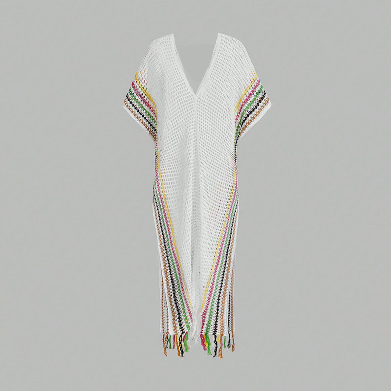 Striped fringed knit cover-up beach skirt