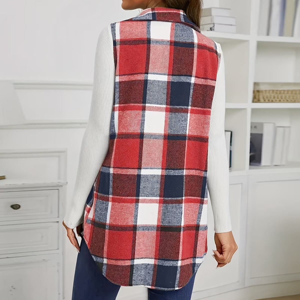 Women's collared plaid sleeveless vest
