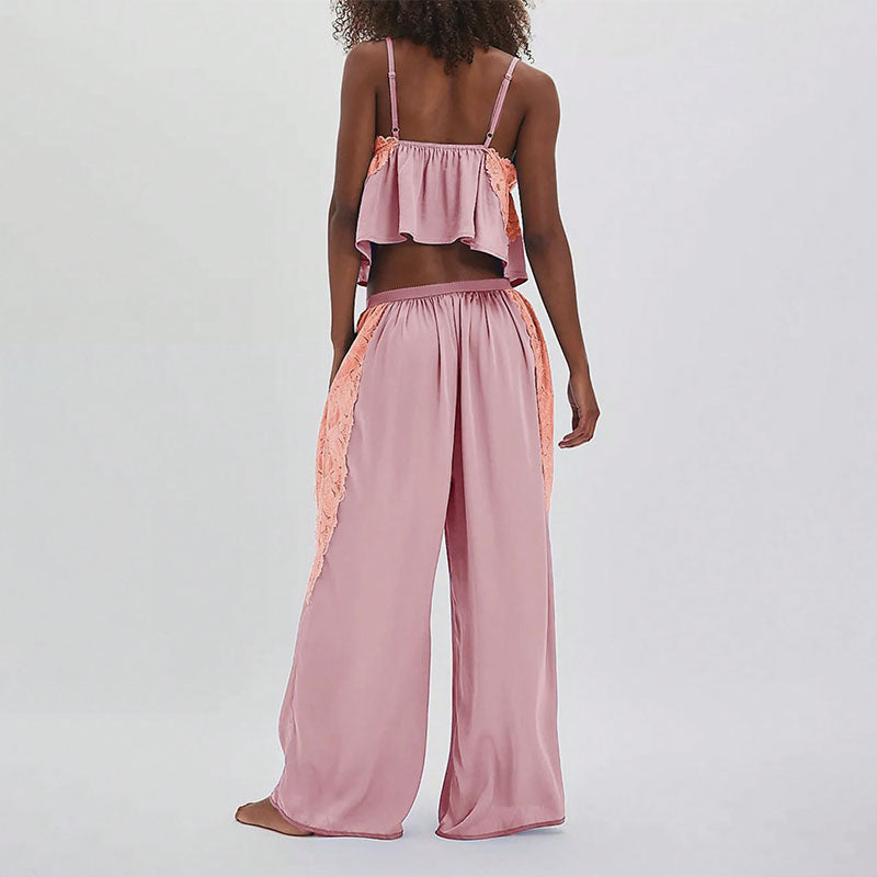Lace-Trimmed Spaghetti Strap Camisole and Wide-Leg Pants Loungewear Set