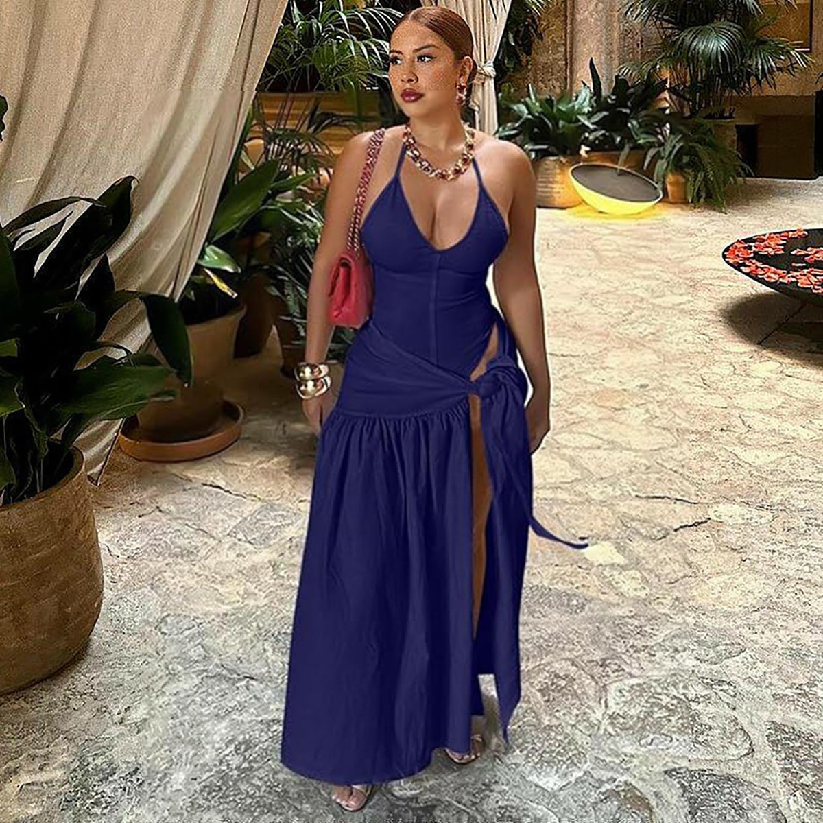 Backless Halter Bodysuit  High Slit Tie Waist Maxi Skirt Set