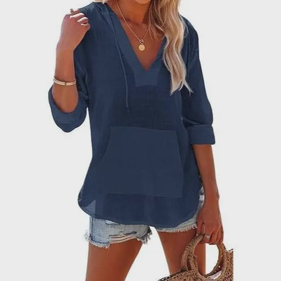 Beach Long-Sleeve V-Neck Hooded Shirt