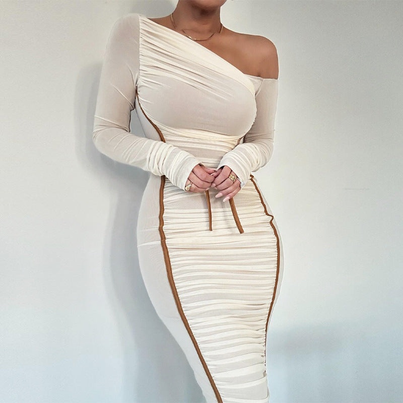 Contrast Piping Sheer Mesh Ruched Midi Dress