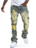 Men's Vintage Washed Distressed Fringe Patch Flared Cargo Jeans