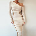 Contrast Piping Sheer Mesh Ruched Midi Dress