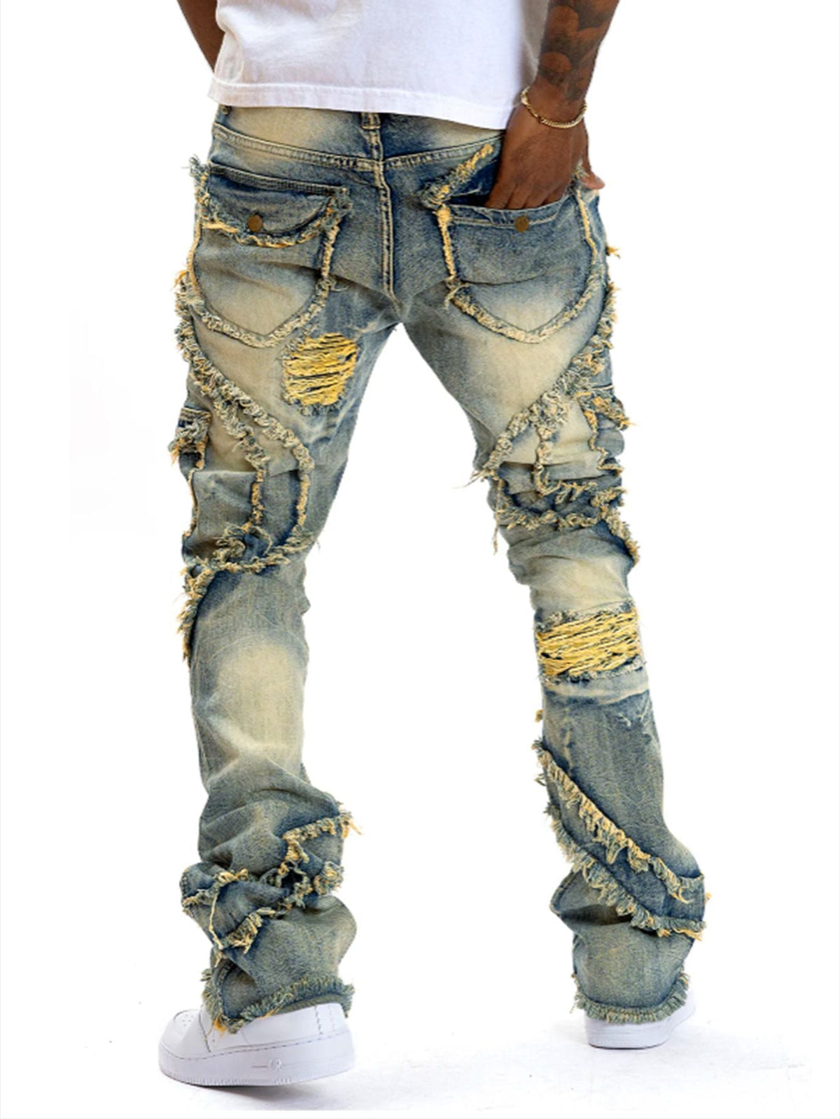 Men's Vintage Washed Distressed Fringe Patch Flared Cargo Jeans