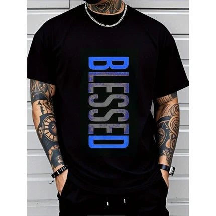 Men's Cotton "BLESSED" Graphic T-Shirt, Casual Streetwear Tee