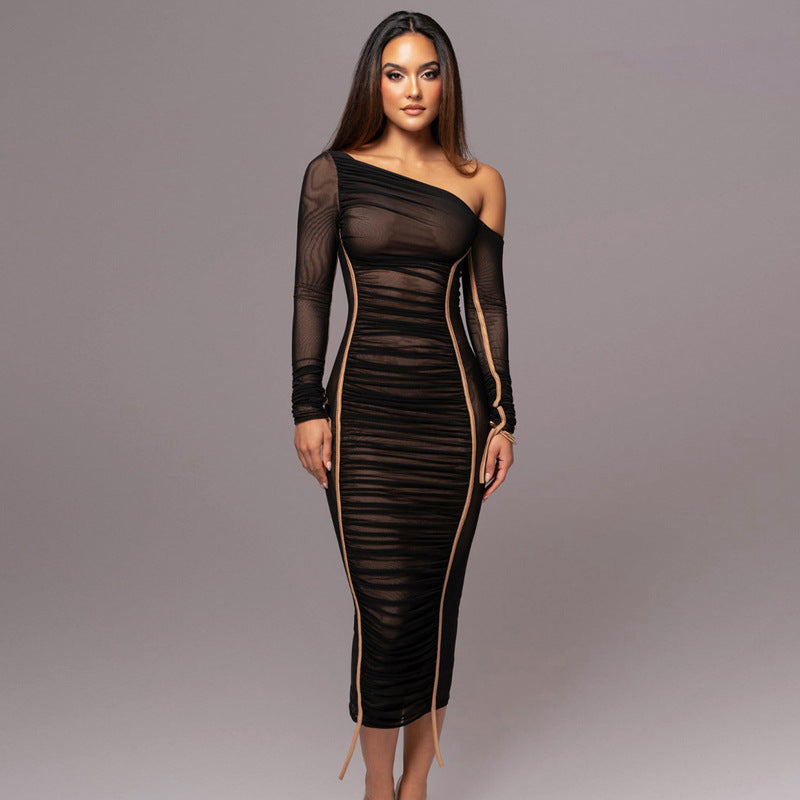 Contrast Piping Sheer Mesh Ruched Midi Dress
