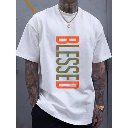 Men's Cotton "BLESSED" Graphic T-Shirt, Casual Streetwear Tee