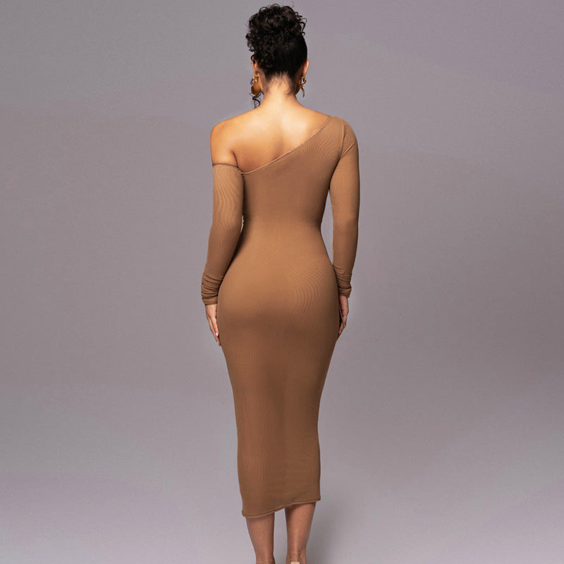 Contrast Piping Sheer Mesh Ruched Midi Dress