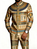Men's Ancient Egyptian Hieroglyph Print 2-Piece Set | Vintage Pharaoh Graphic Button Down Shirt & Pants, Museum-Worthy Casual Outfit
