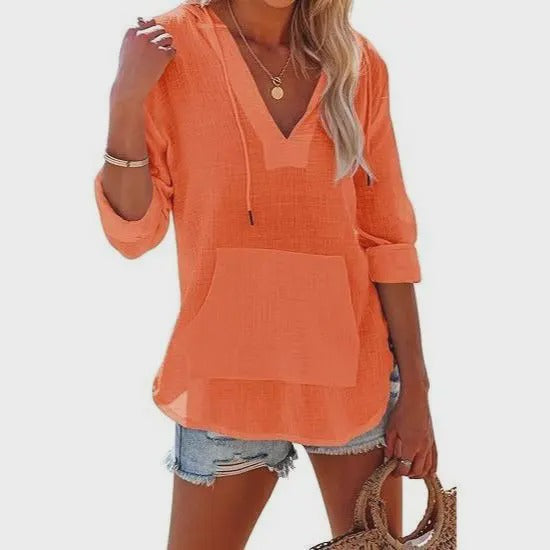 Beach Long-Sleeve V-Neck Hooded Shirt