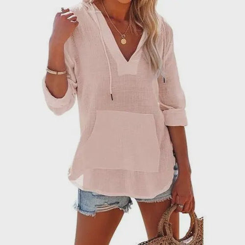 Beach Long-Sleeve V-Neck Hooded Shirt