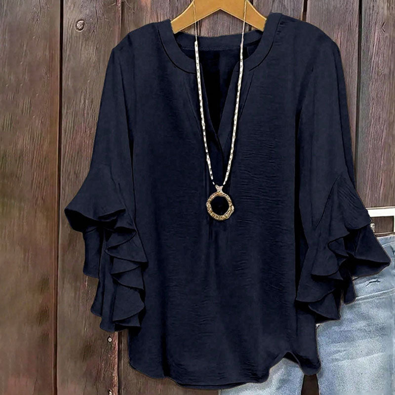 V-neck loose-fitting ruffled three-quarter sleeve plus size top
