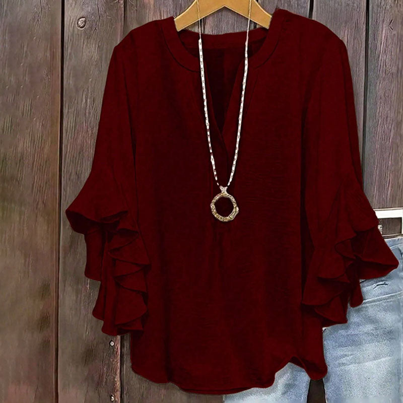 V-neck loose-fitting ruffled three-quarter sleeve plus size top