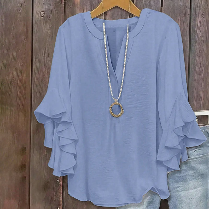 V-neck loose-fitting ruffled three-quarter sleeve plus size top