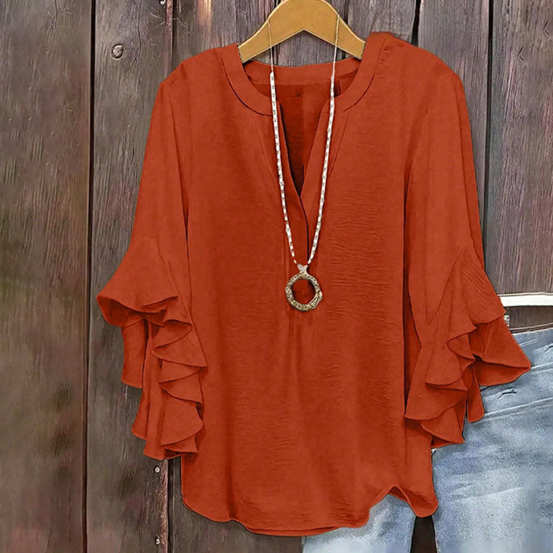 V-neck loose-fitting ruffled three-quarter sleeve plus size top