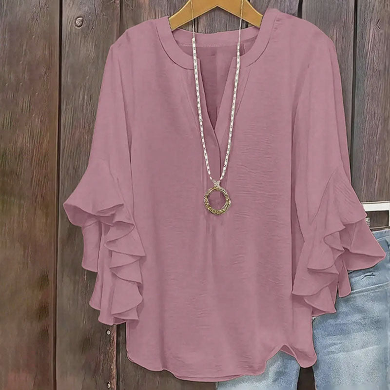 V-neck loose-fitting ruffled three-quarter sleeve plus size top