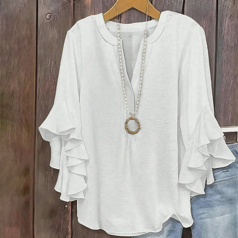 V-neck loose-fitting ruffled three-quarter sleeve plus size top