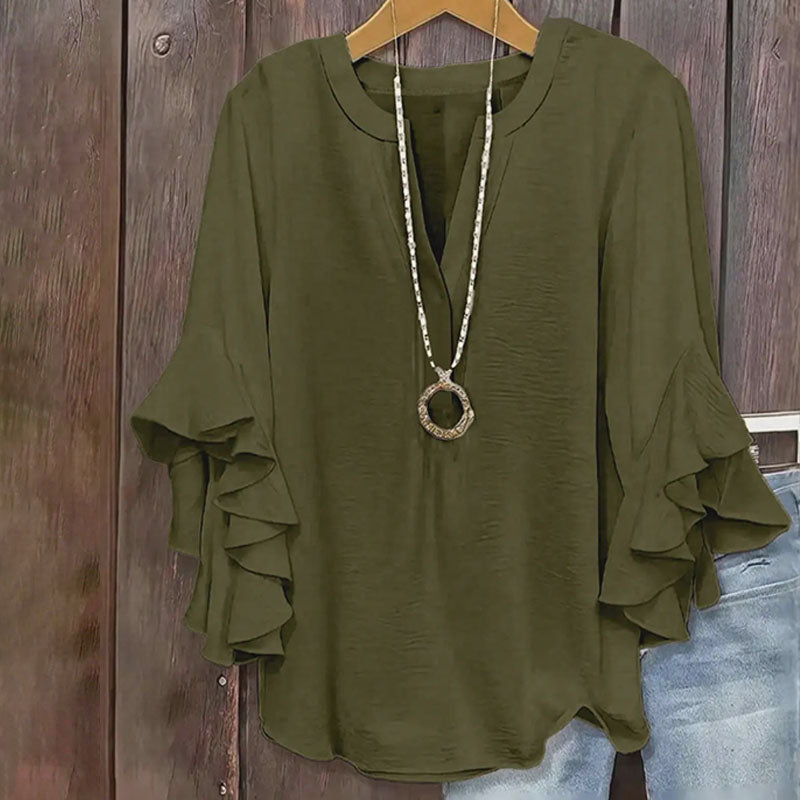 V-neck loose-fitting ruffled three-quarter sleeve plus size top