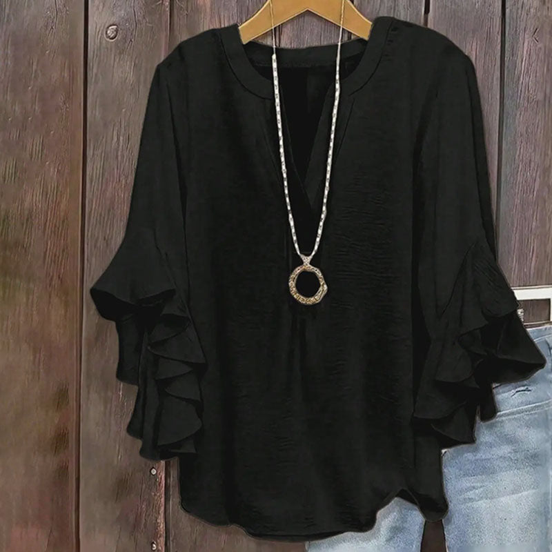 V-neck loose-fitting ruffled three-quarter sleeve plus size top