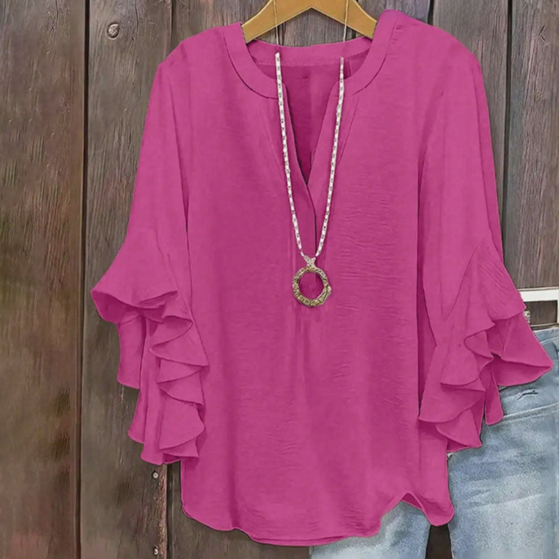 V-neck loose-fitting ruffled three-quarter sleeve plus size top