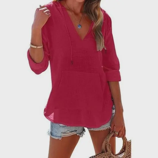 Beach Long-Sleeve V-Neck Hooded Shirt