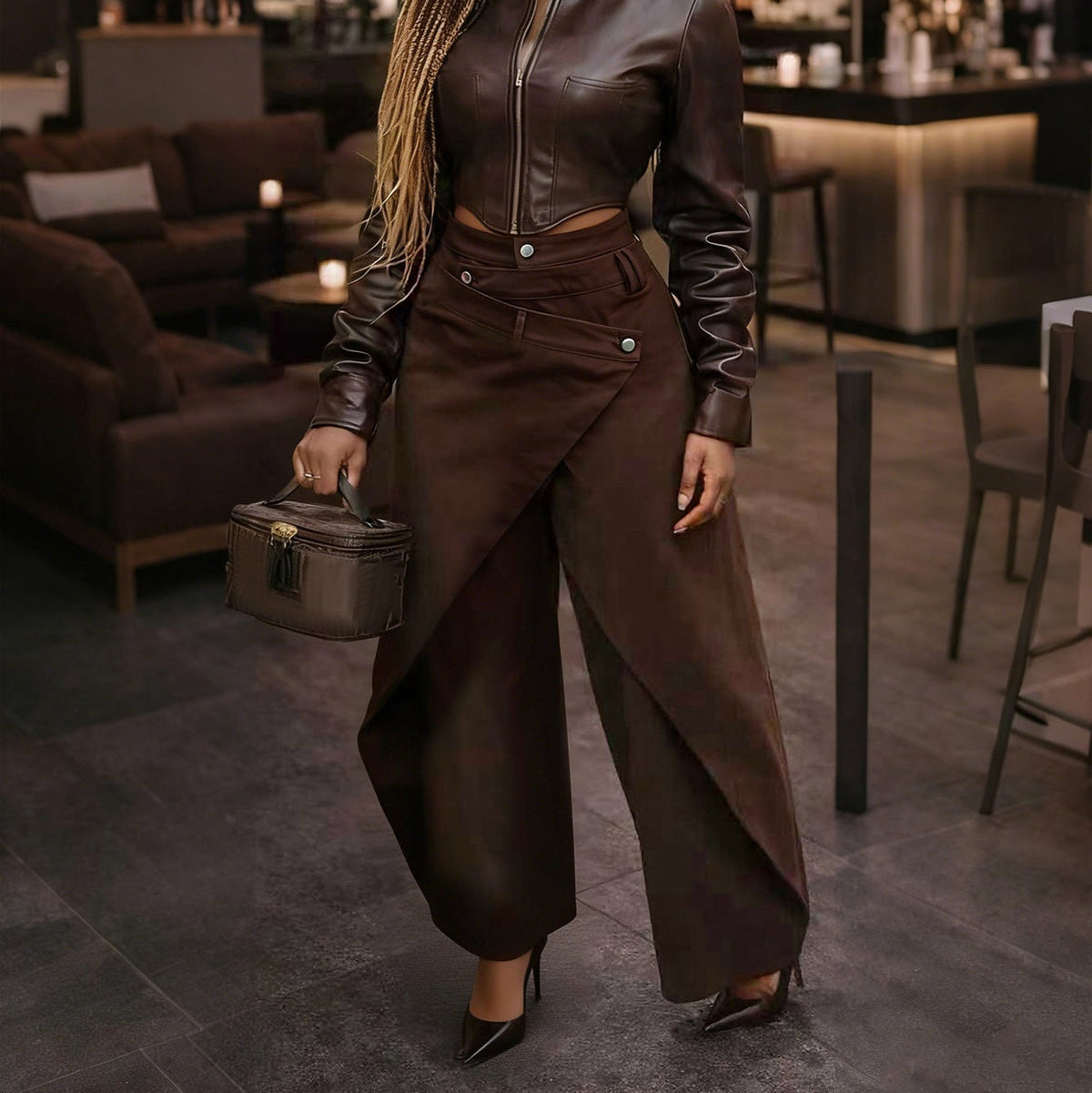Retro Irregular Overlay Wide‑Leg Trousers
