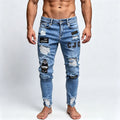 Street style patterned patchwork ripped jeans