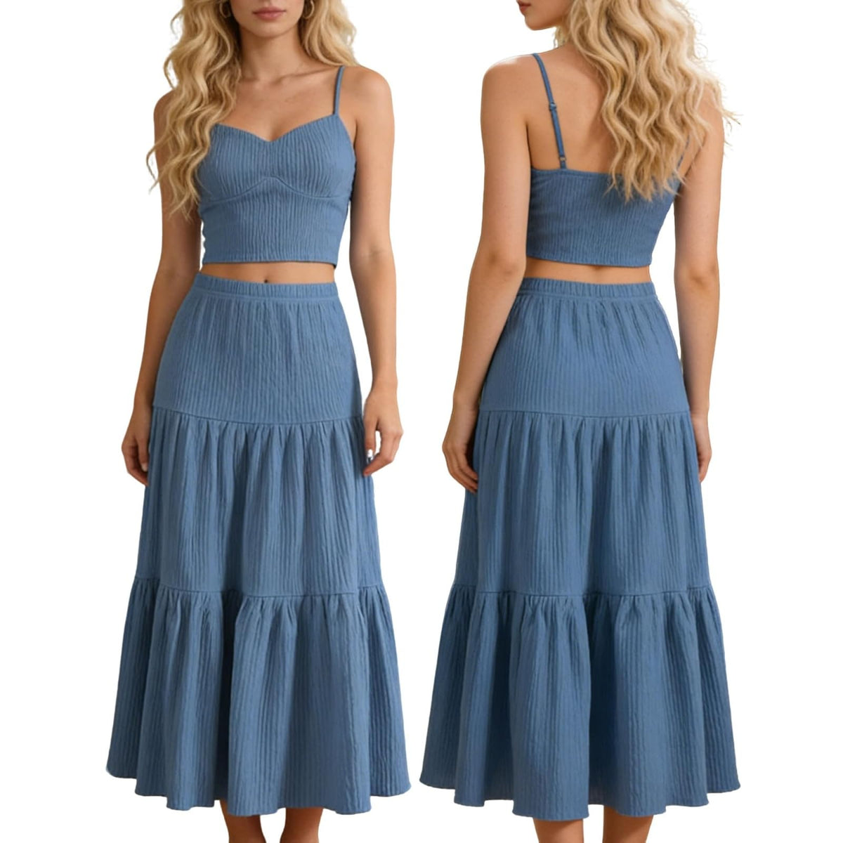 Heart-shaped neckline textured camisole top and long skirt set