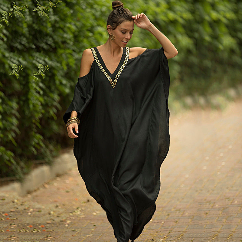 V-neck loose-fitting off-shoulder beach sun protection dress
