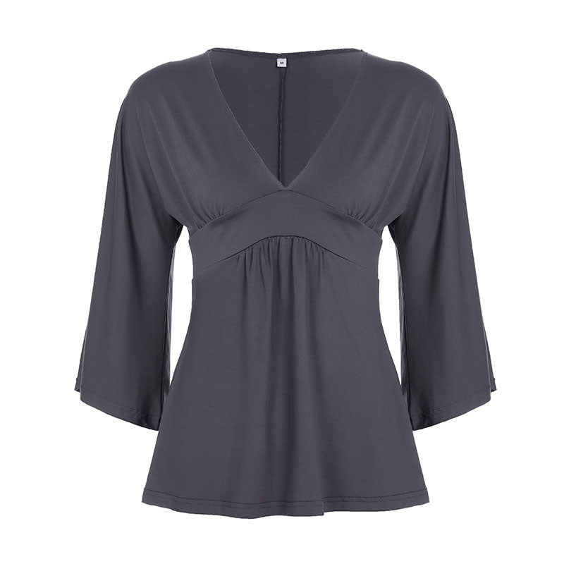 Deep V-neck high-waisted flared three-quarter sleeve top