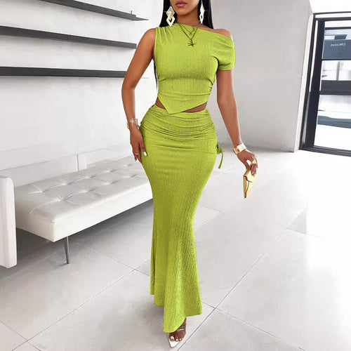 Asymmetric one-shoulder top and fishtail maxi skirt textured set