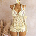 Halter neck deep V mesh swimsuit and swim trunks two-piece set