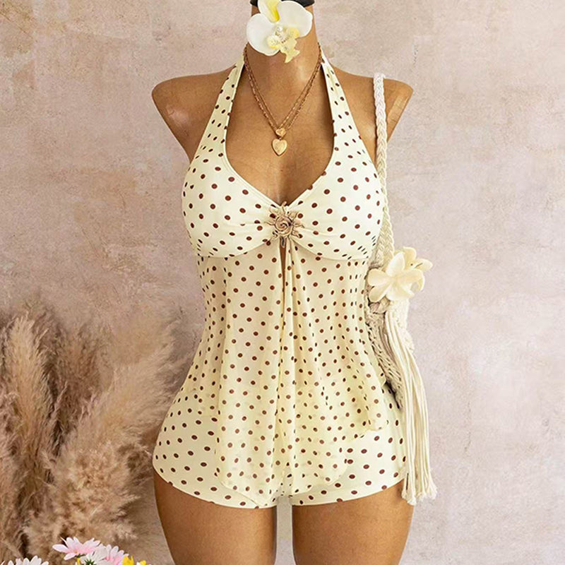 Halter neck deep V mesh swimsuit and swim trunks two-piece set